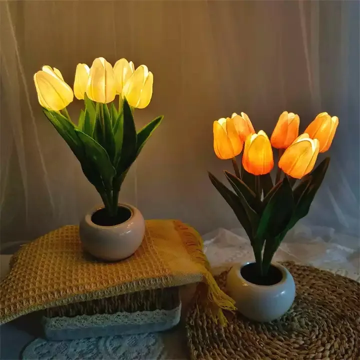 3Heads Tulips Artificial Flowers with LED Lamp, Table Centerpieces Lights Real Touch Bouquet for Home Decor
