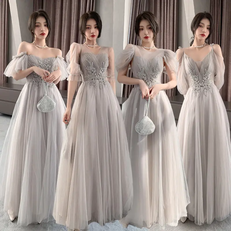 Elegant Gray Slim A-Line Net Yarn Party Bridesmaid Lace Prom Dress Long Girl Wedding Dresses Bridal Gown For Women