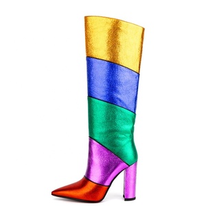 Colors Patchwork Women Knee High Boots Big Size 44 High Chunky Heels Long Booties Custom Logo Ladies <b>Shoes</b> - Product Image 1