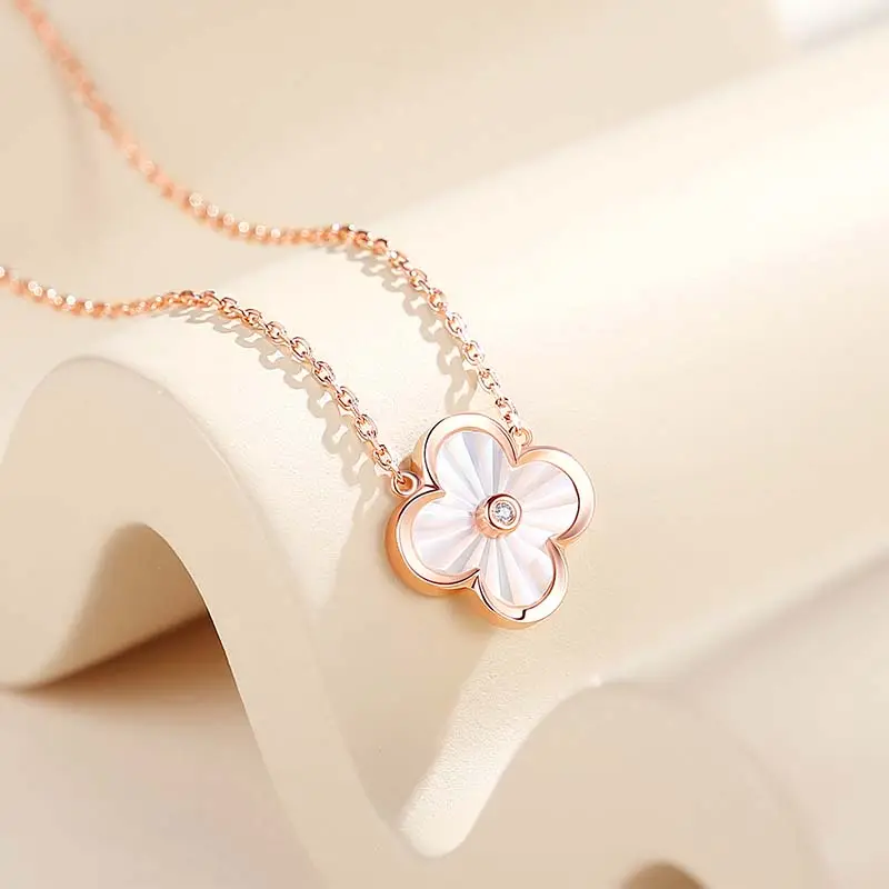 VANA Fine Jewellery Rose Gold Plated 925 Sterling Silver Necklace for Wome Lucky Zircon Four Leaf Clover Grass Pendant Necklace