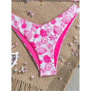 FOXA Women's 2 Piece <b>Bikini</b> Set Seashell Print Halter <b>String</b> Triangle Thong Swimwear Beach Outfit Stretch Spandex Polyester - Product Image 3