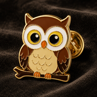 Broche personnalisée en alliage de zinc, motif hibou mignon, émail souple, plaqué or, imprimé UV, oiseau de dessin animé, épinglette animale, souvenir promotionnel OEM, style antique