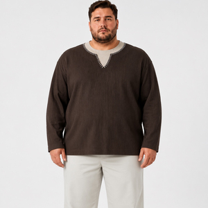 男式纹理棉质长袖 T 恤，圆领，撞色领子，休闲大码，宽松版型，6XL 7XL - Product Image 1