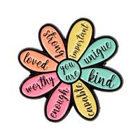 Spille in metallo all'ingrosso: simpatiche spille a forma di fiore con citazioni, spille creative con lettere inglesi smaltate, spille souvenir per vestiti