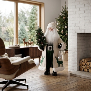 Robe de Noël Père Noël <span class=keywords><strong>Babbo</strong></span> Natale 90 cm en lin crème avec deux rennes, raquettes à neige et sapin pour décoration de chalet de Noël - Product Image 2