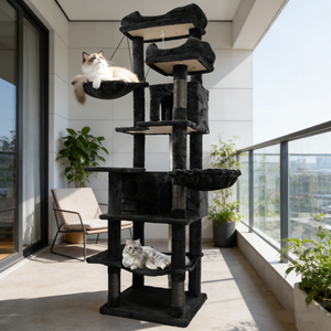 [Stock limité] Arbre à chat moderne de 68 pouces de hauteur, grand, multi-niveaux, noir, avec hamac, panier suspendu, niche pour chat, tapis amovible et griffoir. Livraison gratuite aux États-Unis. - Product Image 1