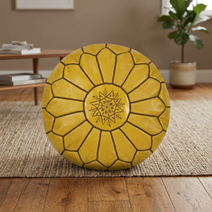 Housse de pouf ronde jaune brodée en cuir véritable faite à la main, personnalisable, style bohème, décoration intérieure unie - Product Image 2