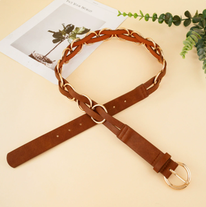 Ceinture élégante 3,8 cm x 105 cm en similicuir suédé marron avec anneaux dorés entrelacés et boucle à plaque pour robes taille haute - Product Image 1