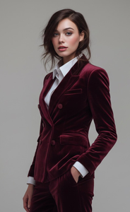 Ensemble pantalon et blazer de luxe en velours bordeaux pour femme, blazer élégant à double boutonnage avec pantalon slim, tenue de créateur - Product Image 2