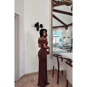 Robe de soirée marron Allaia, robe de bal à sequins avec col montant, taille empire, style formel simple, taille XS - Product Image 1