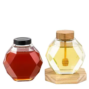 New Design 13 fl.oz/500g Crystal hexagon Six-sided diamond Shape Glass Honey Jar bottle with Wooden Stick