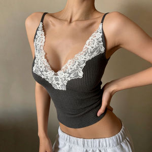 Women's <b>Lace</b> Trim Camisole <b>Top</b> V Neck Spaghetti Strap Slim Fit Stretchy Knit <b>Tank</b> <b>Top</b> for Casual Daily Wear Wholesale - Product Image 2