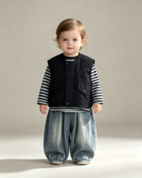 Ensemble de vêtements pour bébés garçons style coréen 2026 : Chemise rayée, gilet et pantalon en jean – Tenue décontractée 3 pièces pour tout-petits Printemps-Automne