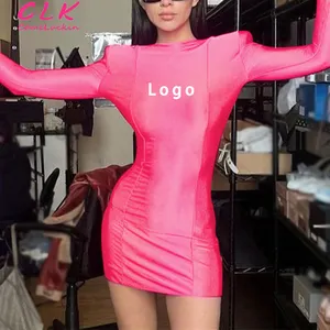 Custom Logo Solid Shoulder Pad Long Sleeve With Gloves O-neck Mini Dress 2024 Spring For Women Sexy Body-shaping Dress