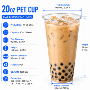 แก้วพลาสติก PET ใส ขนาด 20 ออนซ์ 90 มม. สำหรับเครื่องดื่มชาไข่มุกแบบใช้แล้วทิ้ง พร้อมฝาโดมแบบแบน พิมพ์โลโก้ได้ สำหรับเครื่องดื่มเย็น - Product Image 2