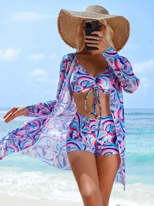 Fabrika Satışları Kadın Üç Parçalı Dantel V Yaka Nefes Alabilen Push-Up Yüksek Bel Plaj Mayosu Moda Baskılı Bikini Bluz Şort - Product Image 2