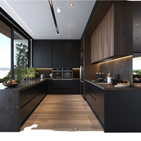 Mobili da Cucina Modulari BALOM Moderni e di Lusso in Legno Nero Opaco Senza Maniglie con Isola, Armadietti da Cucina Personalizzati RTA in Compensato