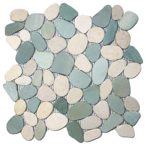 Piastrelle a Mosaico in Ciottoli Verde <span class=keywords><strong>Mare</strong></span> e Bianchi, <span class=keywords><strong>Pietra</strong></span> per Pavimentazione, Piastrelle per Bagno, Ciottoli Lucidati, Pietre Naturali - Product Image 1