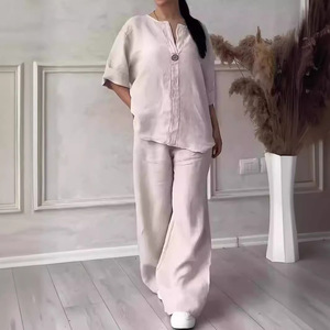 Women's Cotton <b>Linen</b> Casual <b>Set</b> Loose Tops Wide Leg Pants Solid Color Smlxlxxl3xl4xl5xl Europe America Style - Product Image 4