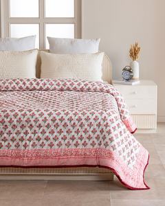 Pink Cherry Blossom Cotton <b>Quilt</b> Block Print Jaipuri Razai Reversible Striped <b>Bedding</b> Twin Queen King - Product Image 1