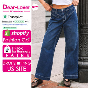 Jeans amples à revers et détails de couture bleu marine pour femmes, vente en gros Dear-Lover - Product Image 1