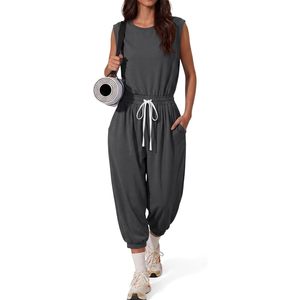 Combinaison décontractée sans manches pour femme, taille haute, avec cordon de serrage, coupe ample, pour yoga et entraînement, tenue une pièce en tissu extensible et respirant - Product Image 1