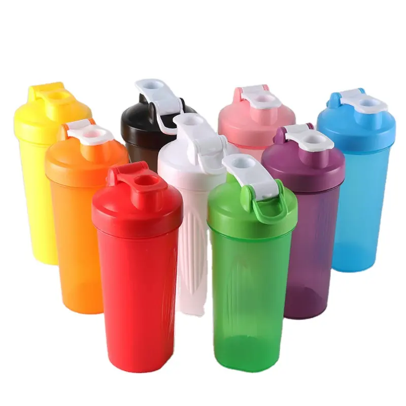 Botella agitadora de plástico con logotipo impreso, accesorios de tapa y botellas de agua, 600ml
