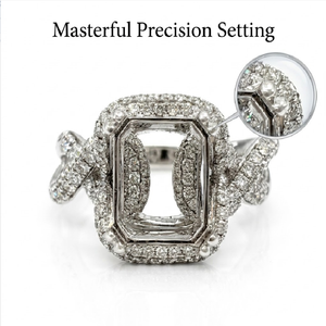 Monture de bague semi-montée en or massif 18 carats avec halo taille émeraude, bande pavée torsadée croisée unique, pour fiançailles, MOQ 1 pièce - Product Image 2