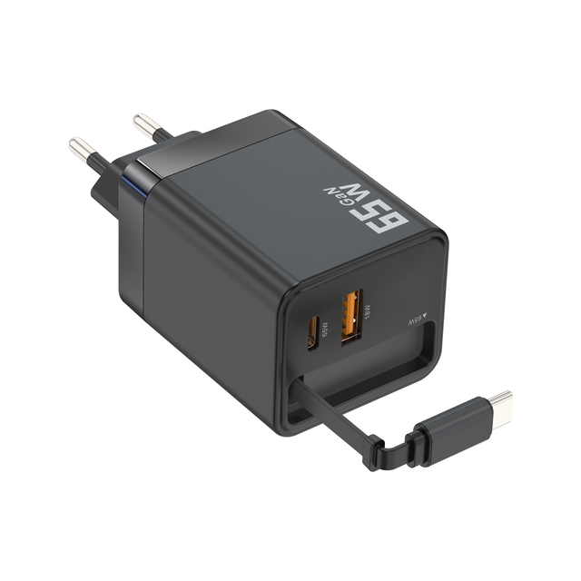 65W Wall Charger Fast PD Charger Adapter Block with USB a USB C Dual Ports Retractable Type-C Cable 65W GAN Chargers