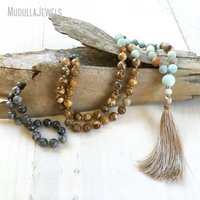 MN21302 Collier Mala 108 perles pour chant tribal, en Jaspe image et Amazonite, perles nouées à la main, pierre naturelle Map Stone, bijoux de yoga en gros