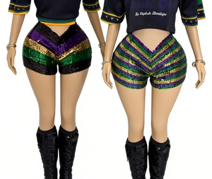 Shorts à paillettes pour le Mardi Gras, prêts à être expédiés, pour adultes, rayés, violet, or, <span class=keywords><strong>vert</strong></span>, fête, brillants, scintillants - Product Image 1