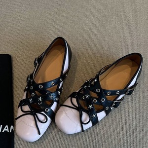 Cowhide French Style Mary Jane <b>Flats</b>, Cross Strap Ballet Shoes with Bow & Rivet Decor - Product Image 4