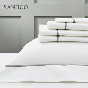 SANHOO Set Seprai Linen Hotel Mewah, Perlengkapan Tempat Tidur Bordir Putih Bintang 5, 100% Katun Hotel