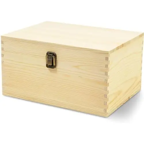 Large Unpainted Crafts DIY Wooden Box with Hinged Lid and Front Clasp Rectangle Treasure Chest Stash Box For Storage Gifts