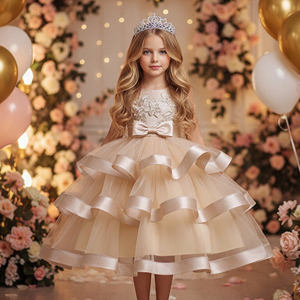 Elegante Abito da Festa per Bambine con Collo Rotondo, Vestito da Principessa Multistrato Color Champagne per Bambine da 2 a 10 Anni - Product Image 4