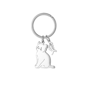 Chaveiro de Aço Inoxidável com Desenho Minimalista de Gato Sentado, Pingente Leve para Bolsa com Opção de Charm de Espinha de Peixe - Product Image 3