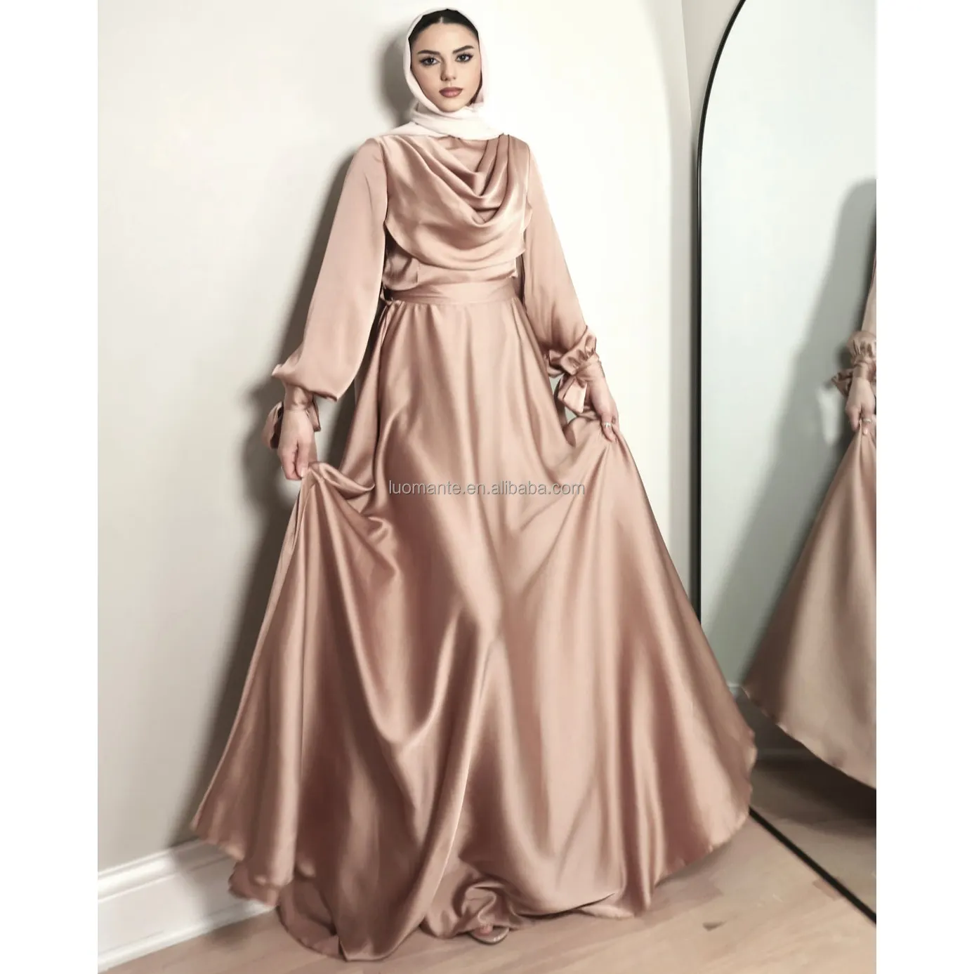 Vestidos de cetim islâmicos muçulmanos personalizados para mulheres, vestidos elegantes e modestos para damas de honra, vestido modesto bege