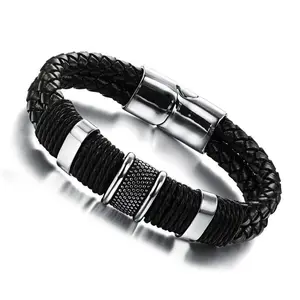 Stocks Sell Men's Leather Wristband With Magnetic Clasp Stainless Steel Bracelet Accept MOQ only 6pcs per color Fashion Jewelry