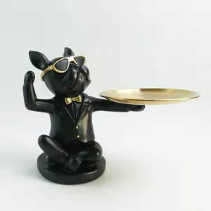 Statua di maggiordomo con vassoio in metallo scultura Bulldog francese in resina, ciotola chiave per tavolo da ingresso scrivania porta orecchini gioielli caramelle