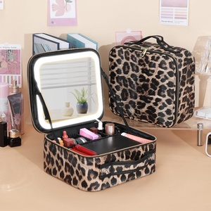 Leopard Print <b>Makeup</b> <b>Case</b> With Lighted Mirror PU Material Zipper Closure Fashion Cosmetic Bag Medium Size Soft Multi-Function - Product Image 2