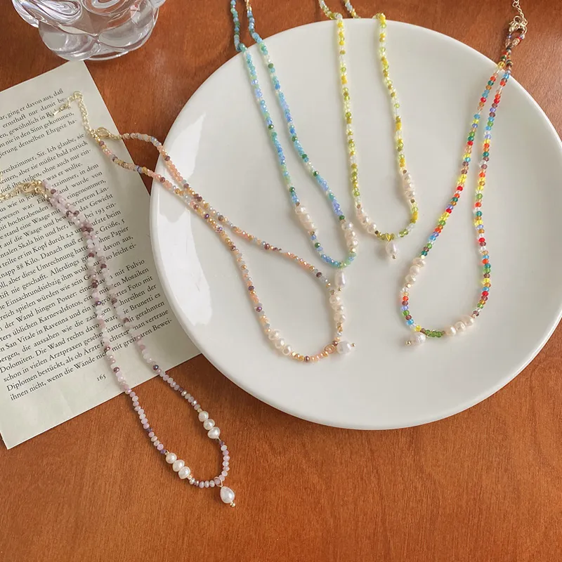 Boho Handmade Colorful Miyuki Pearl Jewelry Necklace Crystal Pendant Freshwater Pearl Pendant Beaded Necklace