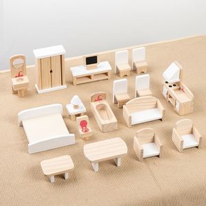 Jouet de simulation pour garçons et filles, cadeau, accessoires pour maison de poupée, ensemble de meubles miniatures en bois pour maison de poupée avec 4 poupées de famille - Product Image 1