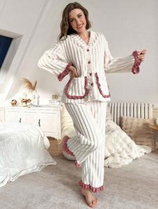 女式珊瑚绒睡衣套装休闲风格实心图案冬季保暖柔软家居服户外耐磨 - Product Image 4