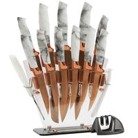 Couteaux de cuisine de luxe en acier inoxydable avec manche en PP motif marbre, revêtement titane, ensemble de couteaux de cuisine avec support