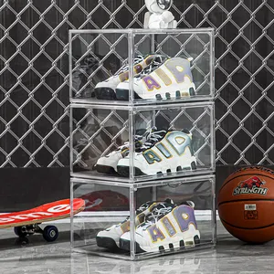 Sneakers Logo kustom OEM raksasa tampilan bening akrilik magnetik dapat ditumpuk kotak sepatu transparan dengan kapasitas 6L untuk tas mainan