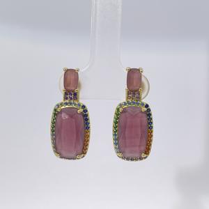 ต่างหูจี้ทรงเรขาคณิตคลาสสิกจาก Tianyu Gems ชุบทองเหลืองเคลือบทอง ประดับด้วยพลอยเซอร์คอนทรงมรกตสีน้ำเงิน/แดง สำหรับผู้หญิง - Product Image 5