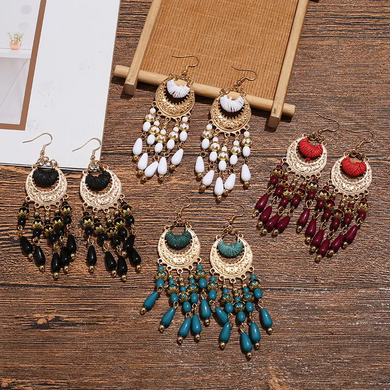 Boucles d'oreilles Style bohème, crochet d'oreille, perles, pampilles, déclaration, multicolore, cercle, frange, goutte pour dames