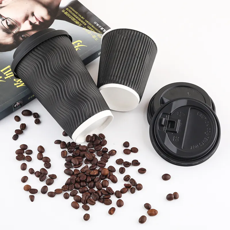 Stock 8oz black Ripple Wall paper cups 500 a box of hot drinks disposable printed double wall paper coffee cups with lids