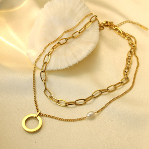 Simple Stylish Double Layer Stainless Steel <b>Necklace</b> With Pearl <b>Ring</b> Pendant For Office Wear Geometric Design Gold Color - Product Image 2