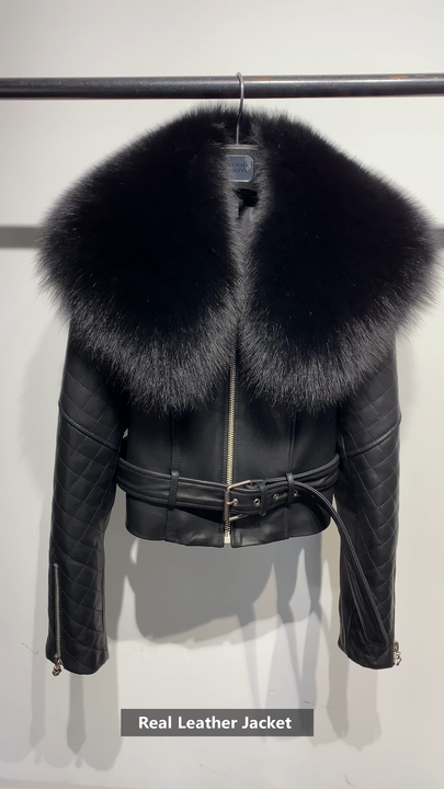 Fur Collar Leather Jacket Plus Size Coats Raccoon Fur Collar Motorcycle  Jacket Genuine Leather Jacket for Women